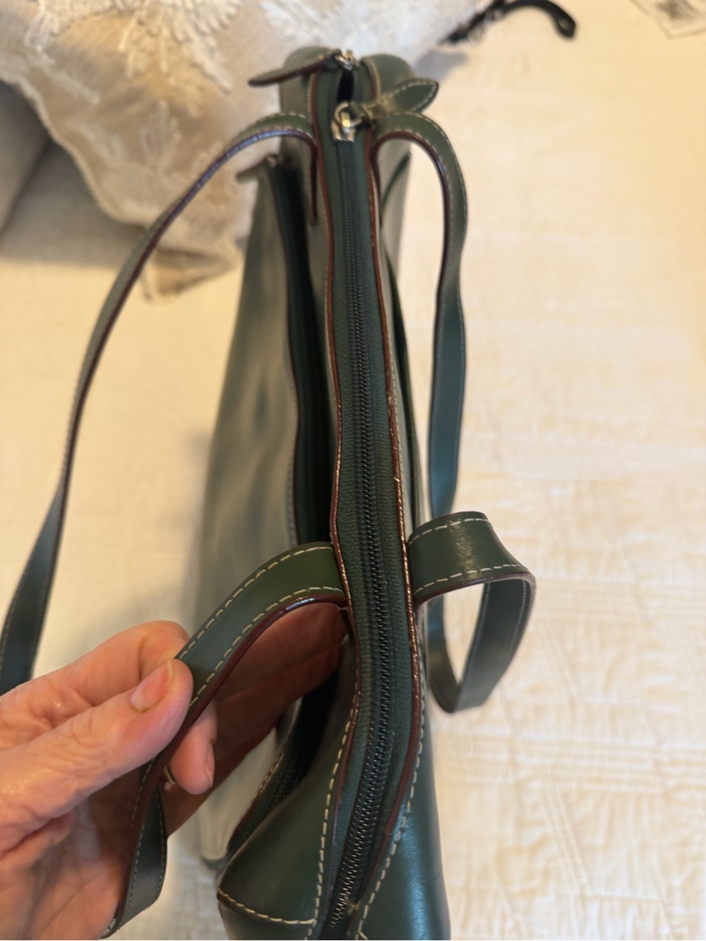 Lodis Audrey Forest Green Leather Laptop Tote with Scarf 14x13 - Picture 8 of 13
